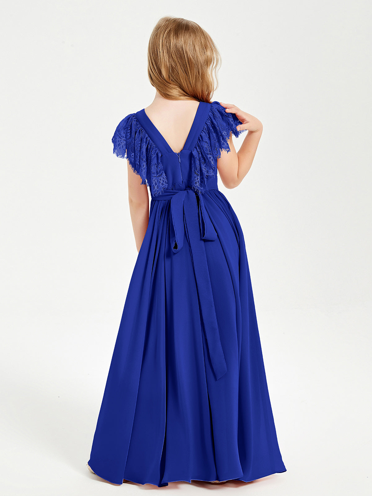 Chiffon Junior Bridesmaid Dresses with Lace Flutter Sleeves Royal Blue
